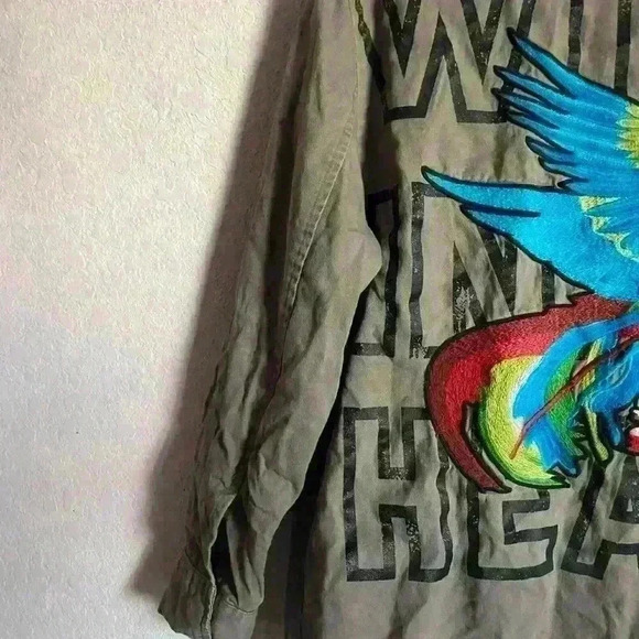 Zara Military Speak Up Trench Motor Biker Graphic Bird Olive Green Jacket XS - Picture 13 of 15